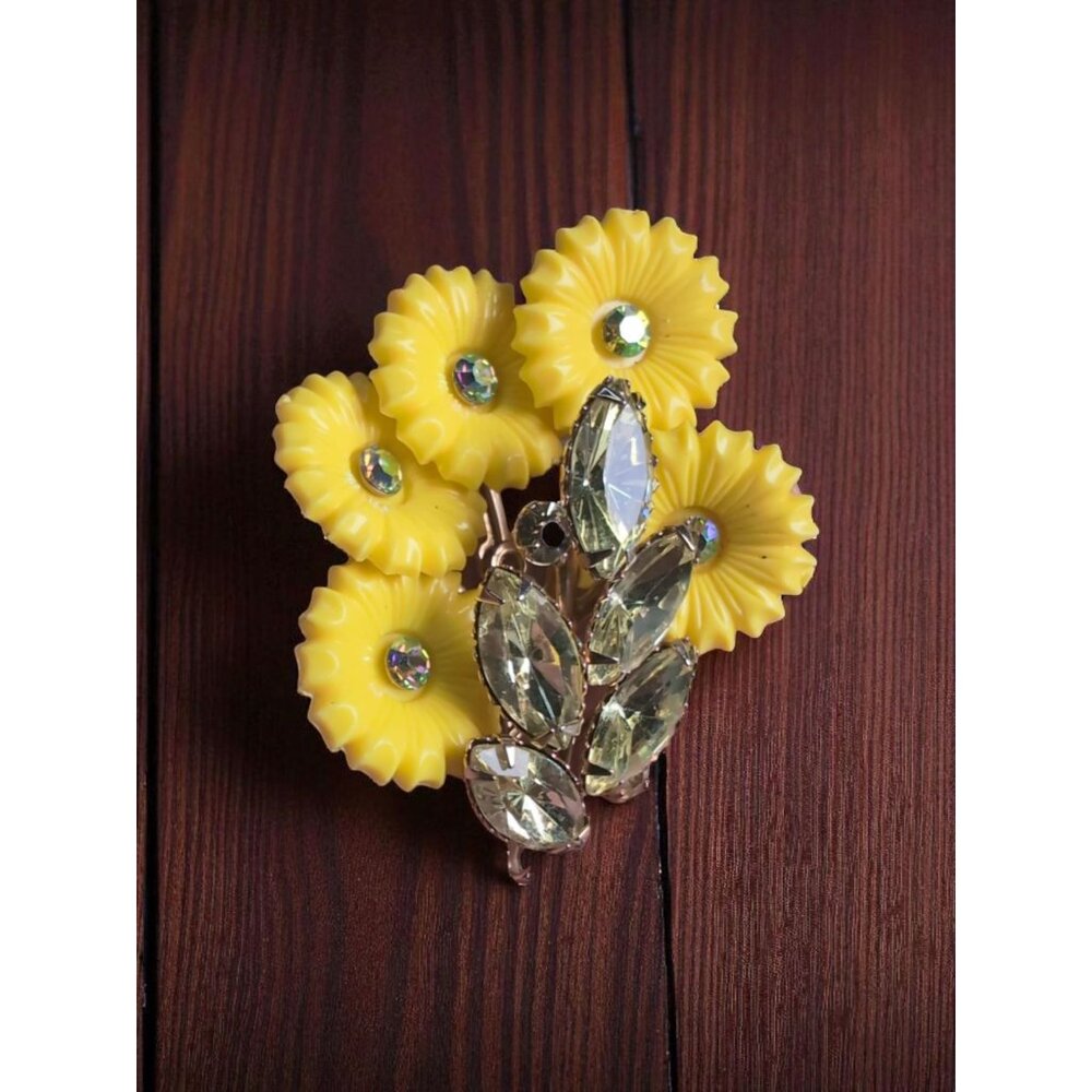 Vintage Yellow Molded Plastic Flower Rhinestone Brooch  Mid-Century Floral Bouqu